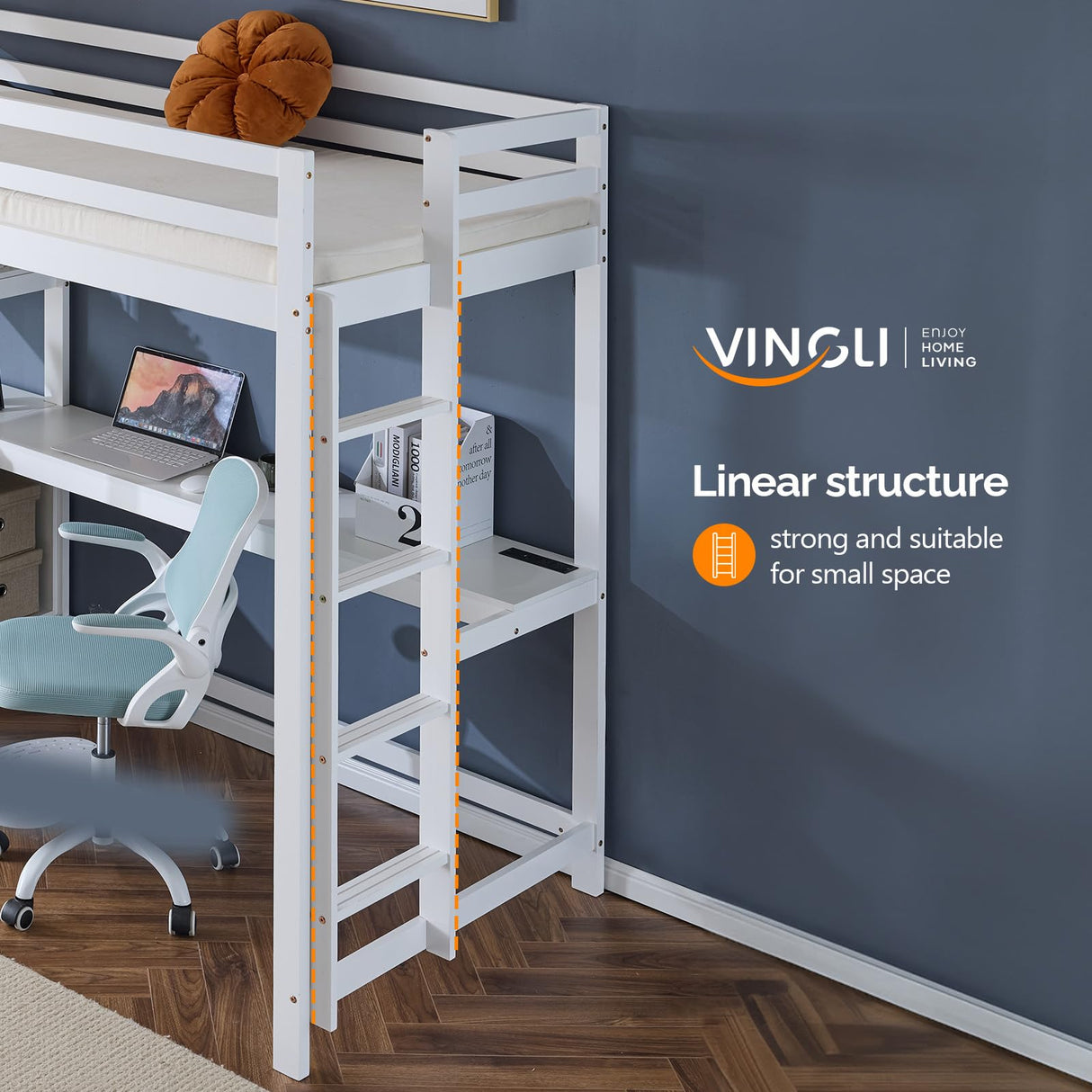 VINGLI Twin Loft Bed with L-Shaped Desk and 3 Storage Drawers, Solid Wood Single Bunk Gamer Bed with RGB LED Light Underneath,2 Charging Stations, White VINGLI
