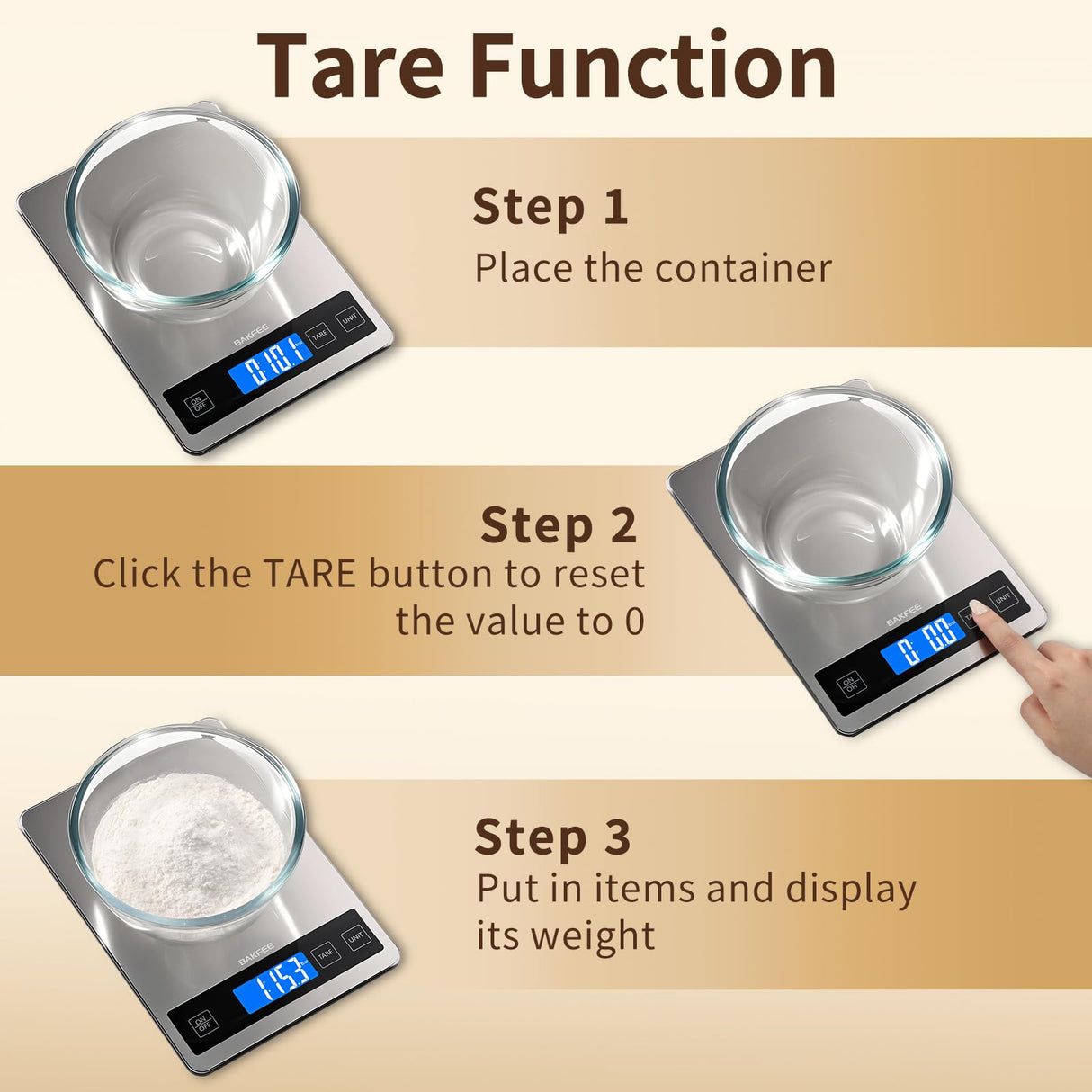 BAKFEE Food Scale, 33lb Digital Kitchen Scale with Stainless Steel & Tempered Glass, 1g / 0.05oz Precise Graduation, Waterproof and Sturdy Surface, for Cooking, Baking, Weight Loss, Meal Prep BakFee