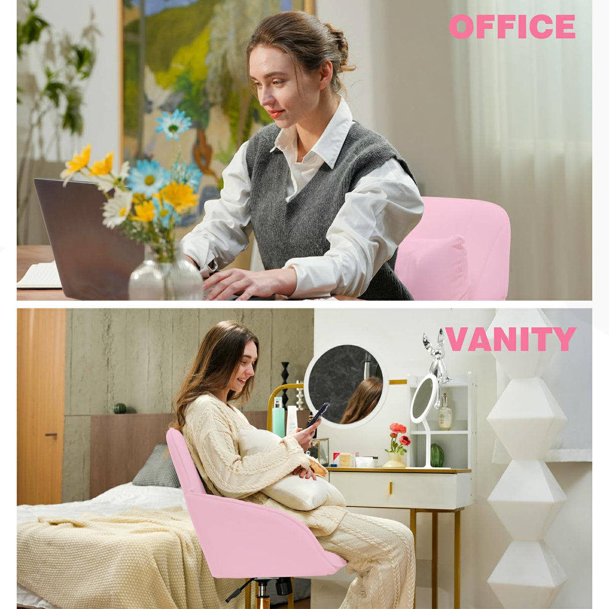 Modern Office Desk Chair with Back & Wheels for Makeup Room, Vanity Chair with Gold Legs & Pillow in Velvet, Home Computer Chairs for Indoor, 360°Swivel Office Chairs Adjustable Height (Pink) NTailed FOX