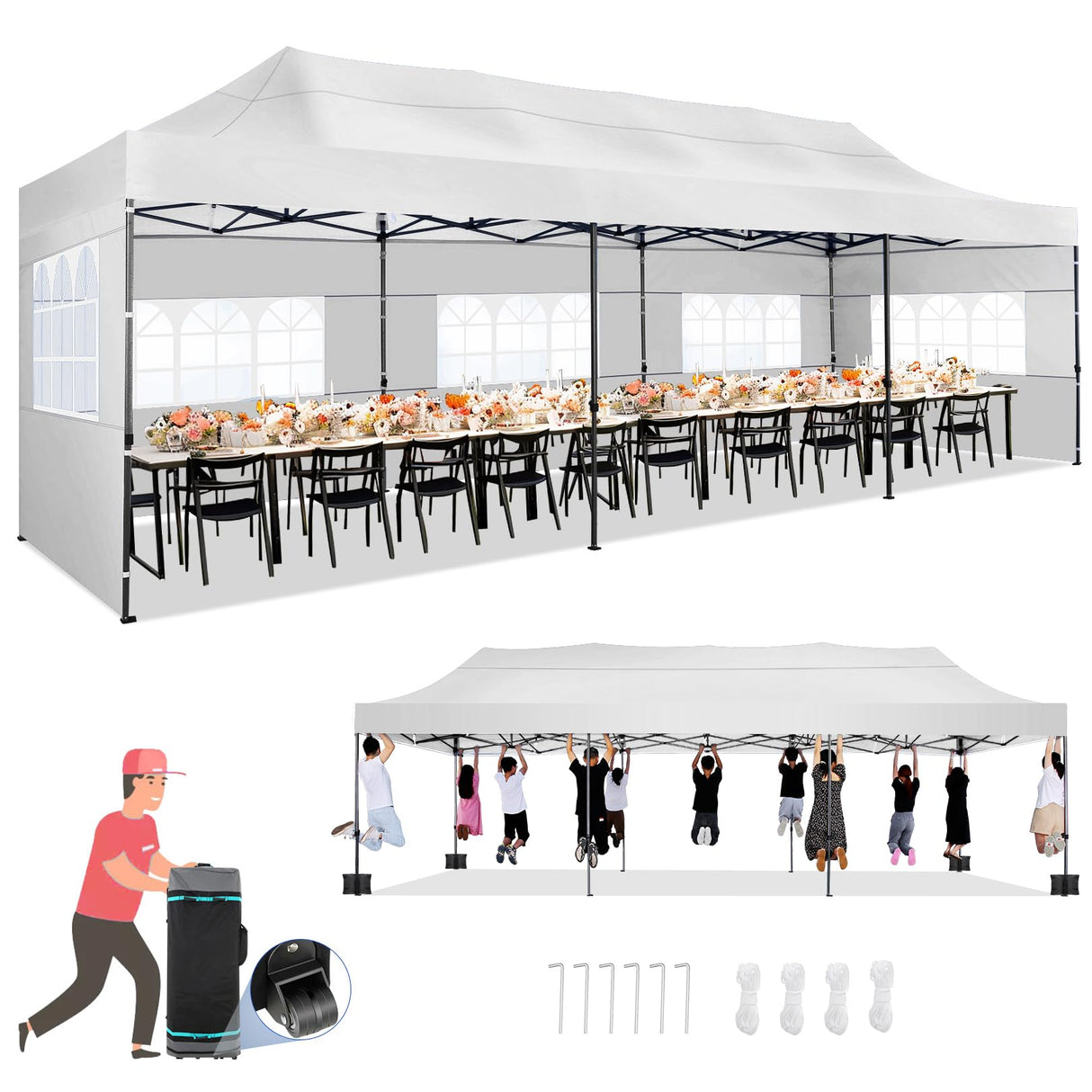 COBIZI 10x30 Pop up Canopy Tent Heavy Duty with 8 Sidewalls, Easy Set-up Commercial Outdoor Party Tent, 100% Waterproof Wedding Tent Gazebo, 3 Height Adjustable with Wheeled Bag, White COBIZI