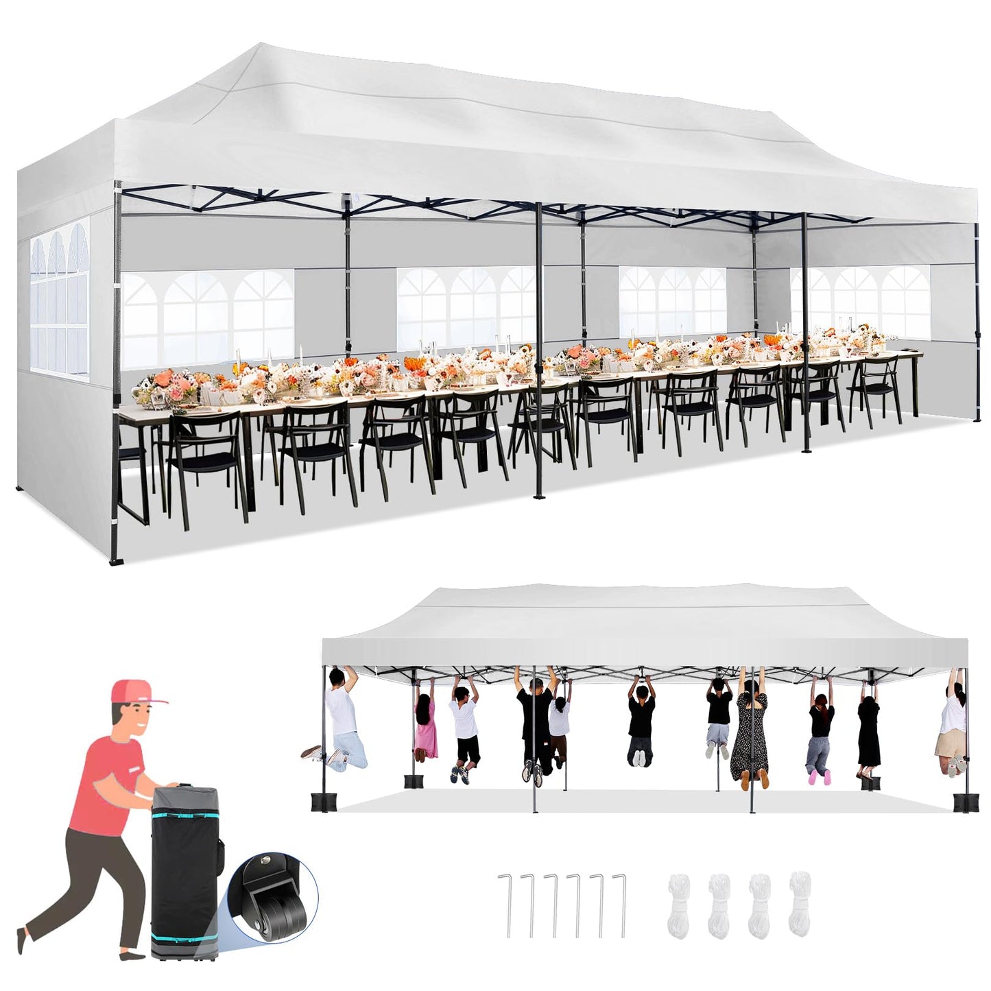 COBIZI 10x30 Pop up Canopy Tent Heavy Duty with 8 Sidewalls, Easy Set-up Commercial Outdoor Party Tent, 100% Waterproof Wedding Tent Gazebo, 3 Height Adjustable with Wheeled Bag, White