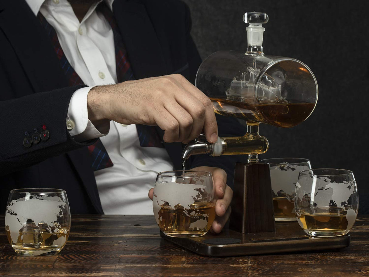 Whiskey Decanter Globe Set with 4 Etched Whiskey Glasses - for Liquor Scotch Bourbon Vodka, Gifts For Men - 1250ml Unique Ship Sails Set for Home Bar, Bourbon, Birthday Gift for Dad The Wine Savant