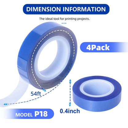 TSSART P18 Heat Tape - Blue Heat Press Tape for Vinyl Sublimation Heat Sublimation Heat Transfer, Oxidation and High Temperature Resistance Residue Free - 4Pack, 0.4inch x 54FT