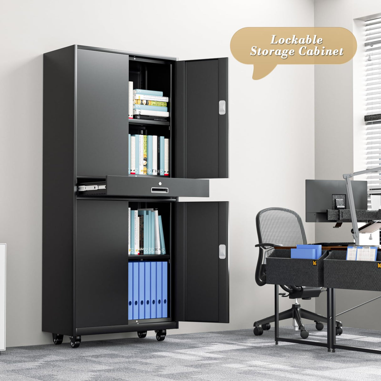 Athena Collection 4 Tier Storage Cabinet with Wheels, Large Capacity 73" Garage Metal Storage Cabinet with Drawer and Adjustable Shelves, Lockable Utility Tall Cabinet for Home Office, Black Athena Collection