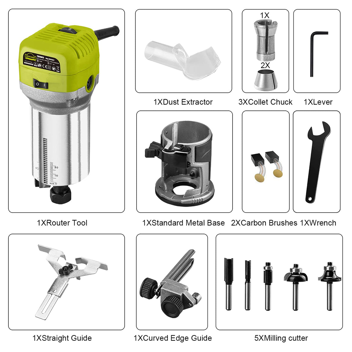 DEWINNER Electric Router Tool, 710W 13000-33000 RPM 6 Variable Speed Wood Router for Woodworking with 3 Clamps and 5 Router Tool Bits DEWINNER