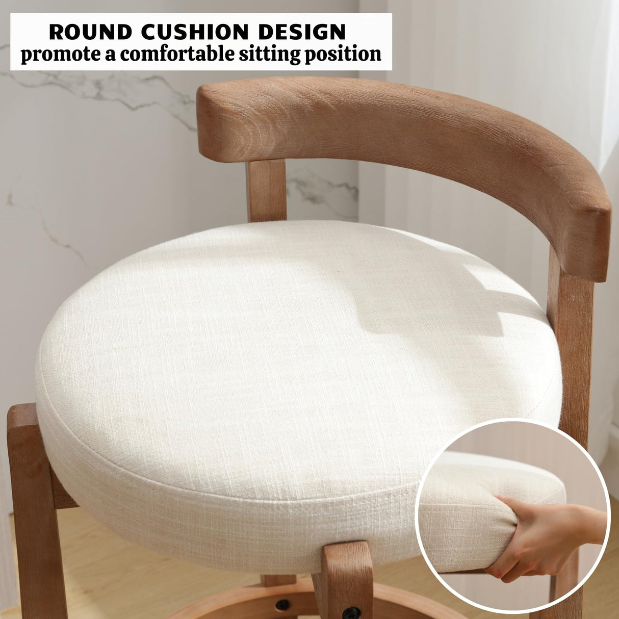 HEAH-YO Mid Century Modern Bar Stools Set of 2, 26.5" Counter Stools with Back, Linen Upholstered Barstools with Solid Wood Legs Bar Chairs for Kitchen Island Dining Room, Beige HEAH-YO