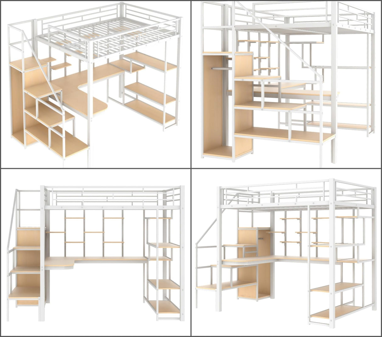Merax Metal Full Size Loft Bed Frame with Built-in Desk & Storage Stair & Shelves & Wardrobe for Kids, No Box Spring Needed, White Merax