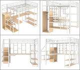 Merax Metal Full Size Loft Bed Frame with Built-in Desk & Storage Stair & Shelves & Wardrobe for Kids, No Box Spring Needed, White Merax