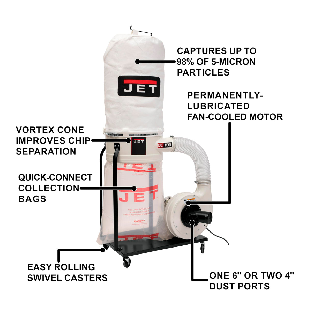 JET Vortex Cone Dust Collector, 5-Micron Bag Filter, 1-1/2 HP, 1Ph 115/230V (Model DC-1100VX-5M) Jet
