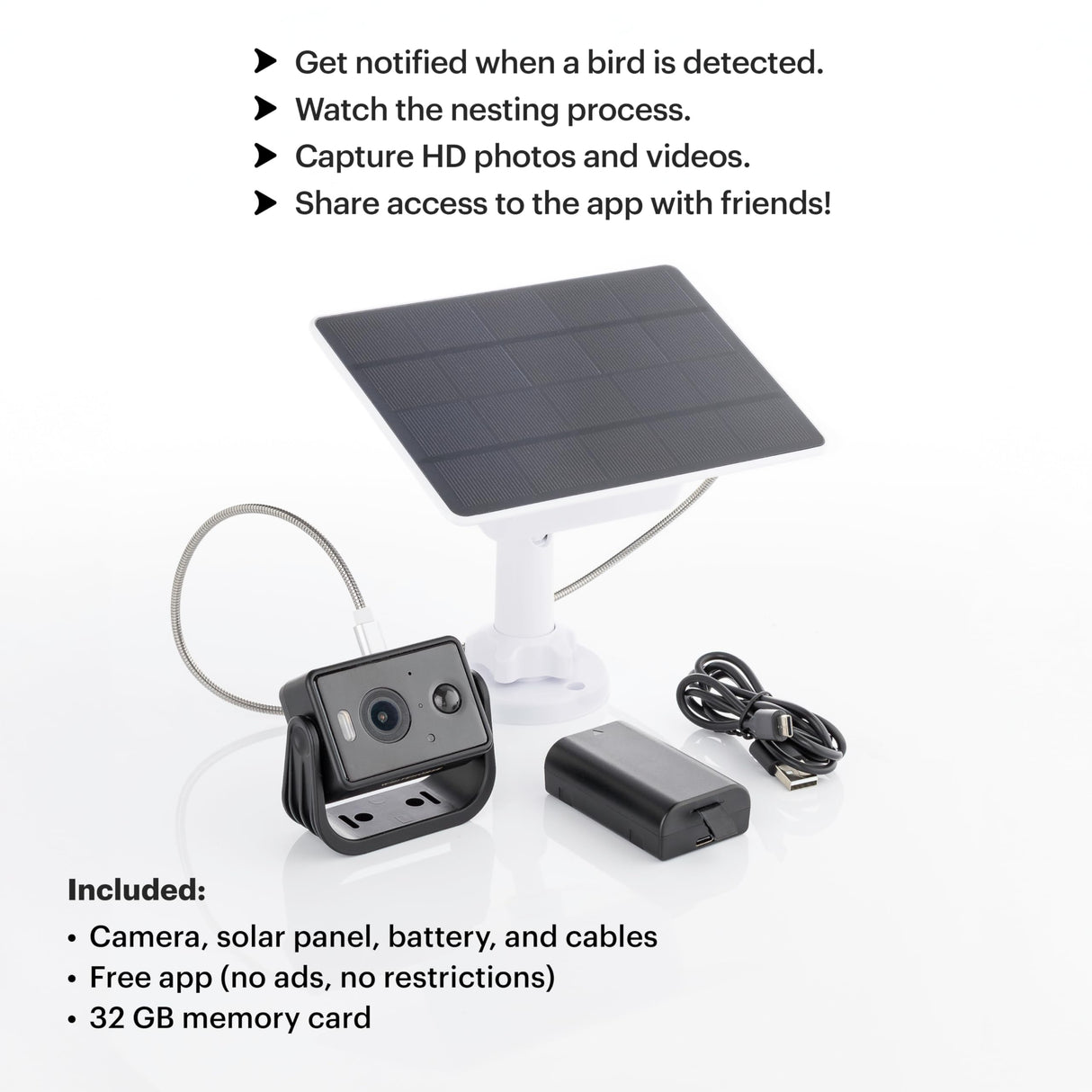 WHITEHORSE Bird House Camera - Wireless and Solar Powered - Take Photos and Videos from Your Phone (Free App) - Get Notified When a Bird is Detected - 32GB Memory Card Included WHITEHORSE