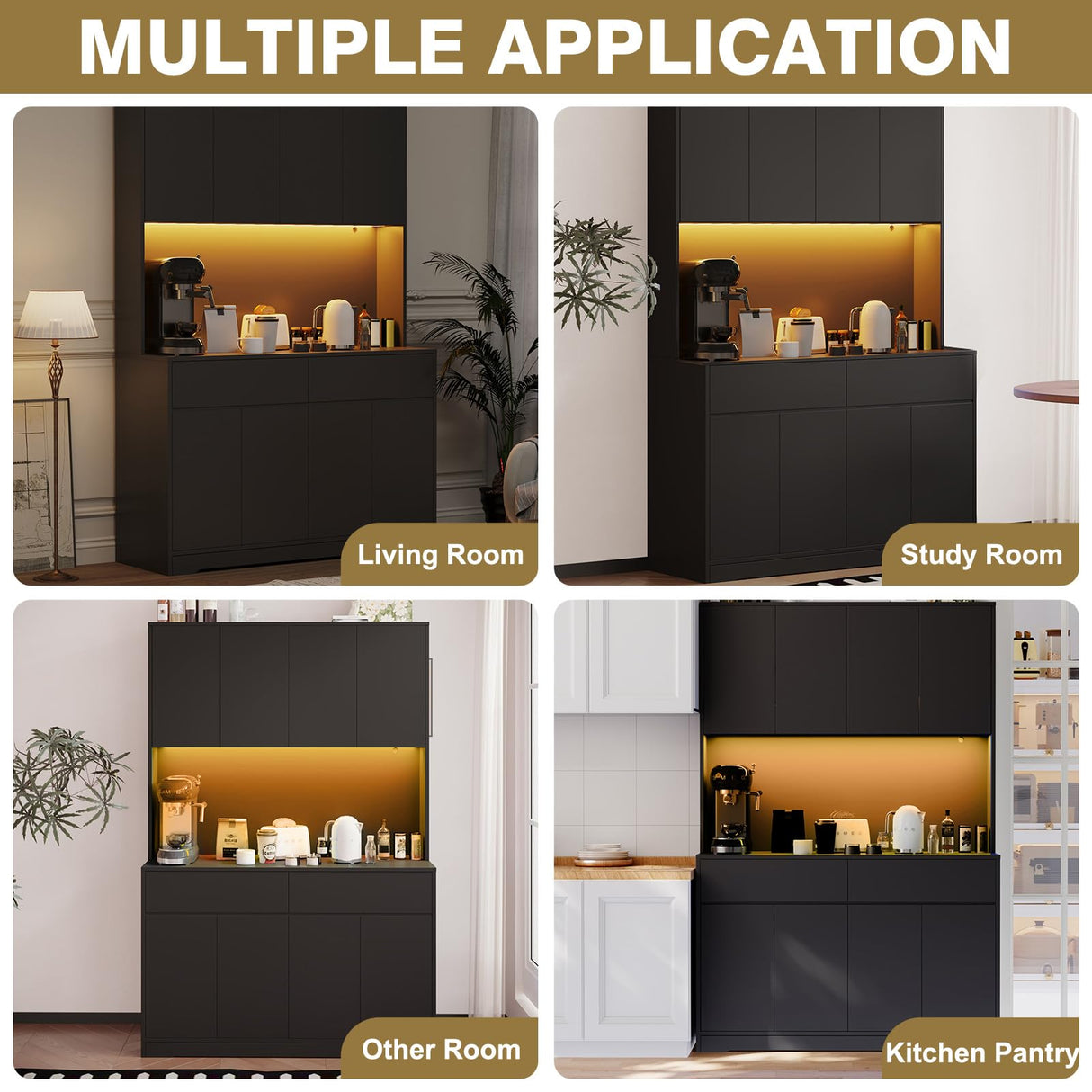 71" Tall Pantry Cabinet, 47" Wide Kitchen Pantry Storage Cabinet with LED Light & Outlet, Kitchen Hutch with Microwave Shelf, Door Shelves & Drawer & Adjustable Shelves, for Dining Room Hlivelood