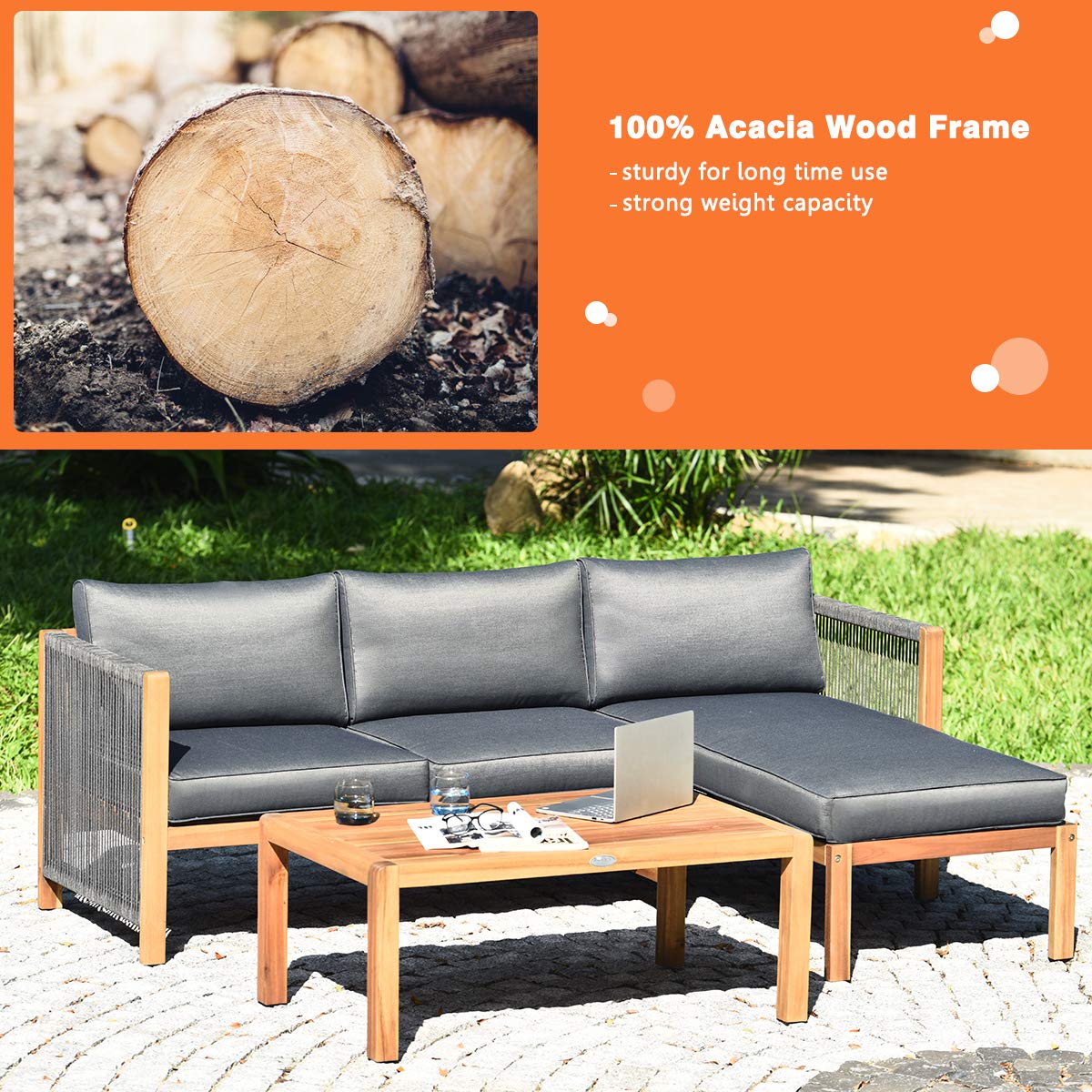 Tangkula L Shape Outdoor Furniture Set, 3 Piece Acacia Wood Patio Conversation Set, with 2 loveseats and Coffee Table, Garden Backyard Poolside Patio Seating Set Tangkula
