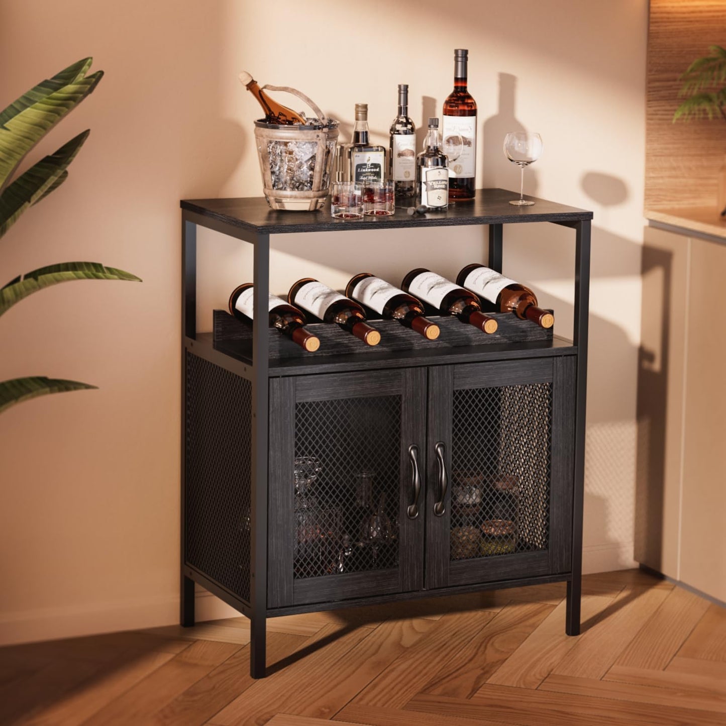 EvaStar Liquor Cabinet with Removable Wine Rack, Industrial Wine Bar Cabinet, Small Home Bar Cabinet with Metal Mesh Doors, Wine Storage for Living Room, Black