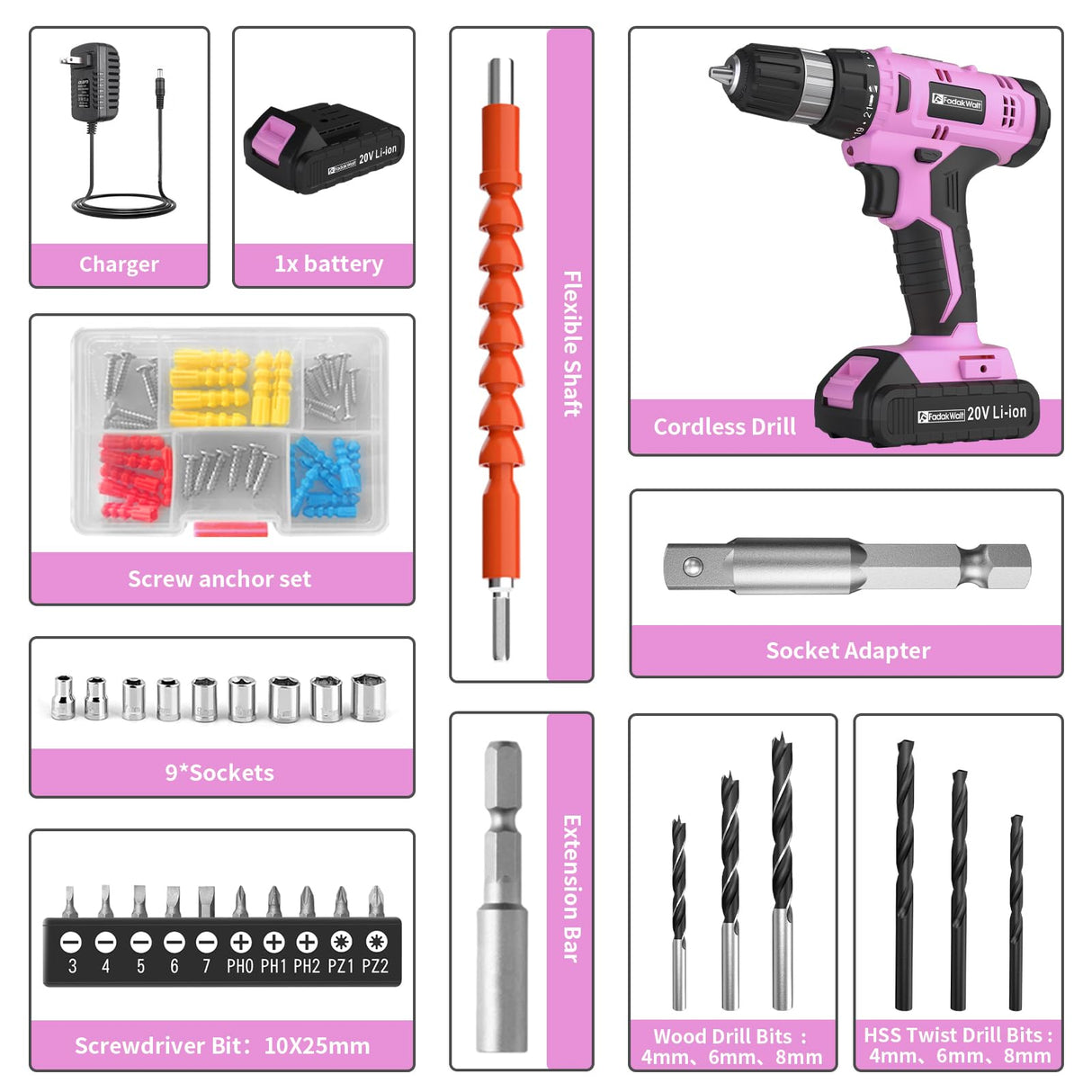FADAKWALT Cordless Drill Set, 20V Electric Power Drill with Battery And Charger, Torque 30N, 21+1 Torque Setting, 3/8-Inch Keyless Chuck, Drill Driver Bits Kit, with LED Electric Drill Set. （Pink) FADAKWALT