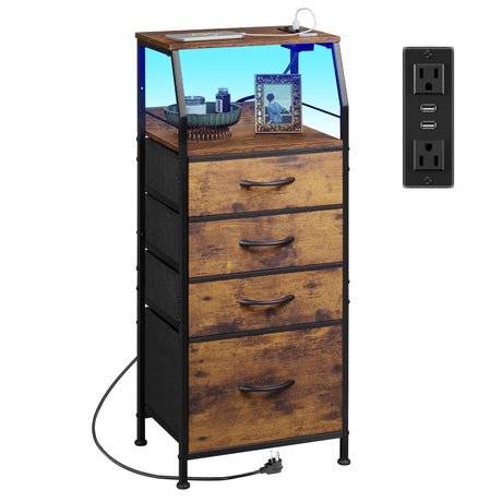 WLIVE 4 Drawer Dresser for Bedroom, Nightstand with Charging Station and Led Light, Tall Night Stand Bed Side Table, End Table with USB Ports and Outlets, Fabric Bins, Wood Shelf, Rustic Brown WLIVE