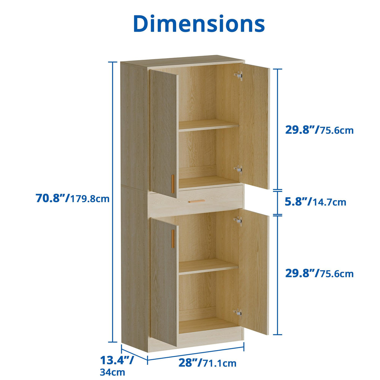 Cozy Castle Tall Oak Pantry Storage Cabinet with 4 Doors, Sliding Drawer, and Adjustable Shelves Cozy Castle