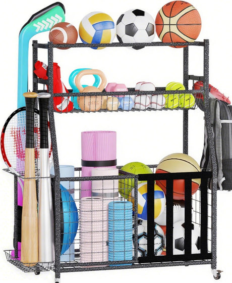 HOMREST Sports Equipment Storage, Ball Storage, Ball Holder, Garage Sports Organizer with Basket and Hooks, Rolling Sports Ball Storage with Wheels for Toy Sports Gear Storage, Black HOMREST