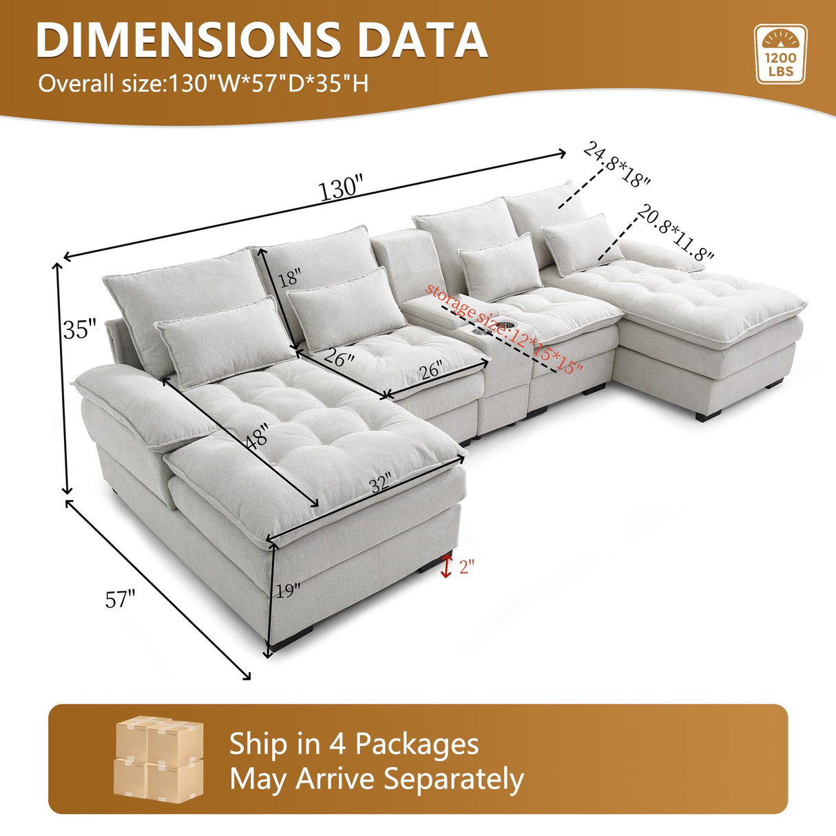 HYJT-H&K 130" U Shaped Comfy Fluffy Cloud Sectional Couches for Living Room, Oversized Modular Sectional Sofa with Chaise Lounge & Tufted Buttons, Modern Linen 6 Seater Sofa Set with Console Beige HYJT-H&K