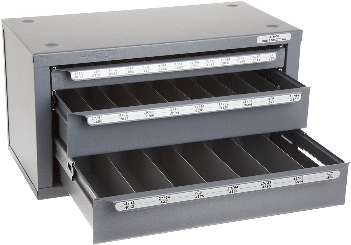 Huot 13000 Three-Drawer Drill Bit Dispenser Cabinet for Jobber Length Fractional Sizes 1/16" to 1/2" in 1/64" Increments Huot Manufacturing