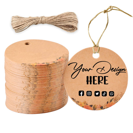 GICOHI Custom Hang Tags, Personalized Logo/Text Round Thick Kraft Paper, Round Paper Tags for Gift Tags, Wedding, Crafts, Party Favors, and Gift Favor Tags with Jute Twine, 10-100 Pack (Round) Gicohi
