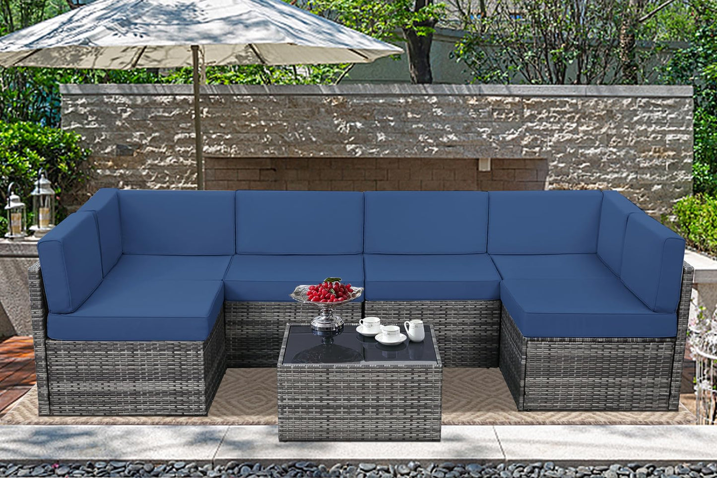 U-MAX 7 Piece Outdoor Patio Furniture Set, PE Rattan Outdoor Grey Wicker Furniture, Outdoor Sectional Furniture Chair Set with Cushions and Tea Table, Grey Rattan and Navy Cushion