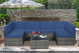 U-MAX 7 Piece Outdoor Patio Furniture Set, PE Rattan Outdoor Grey Wicker Furniture, Outdoor Sectional Furniture Chair Set with Cushions and Tea Table, Grey Rattan and Navy Cushion U-MAX