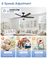 Geinself 52 Inch Ceiling Fan with Light, Black Smart Ceiling Fan with 5 Two-Sided Blades, LED Fan with Remote & Alexa, High CFM Ultra Quiet Large Fan for Bedroom, Living Room Geinself