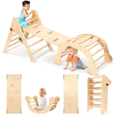 YOLEO Pikler Triangle Set, Foldable 7-in-1 Montessori Climbing Set Fun Baby Pickler-3 Piece Climbing Jungle Gym and Indoor Playground Climbing Toys for Toddlers 1-3 Inside (Natural, Standard Version) YOLEO