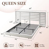 LUXOAK Distressed White Farmhouse Queen Floating Bed Frame with LED Lights & Charging Station LUXOAK