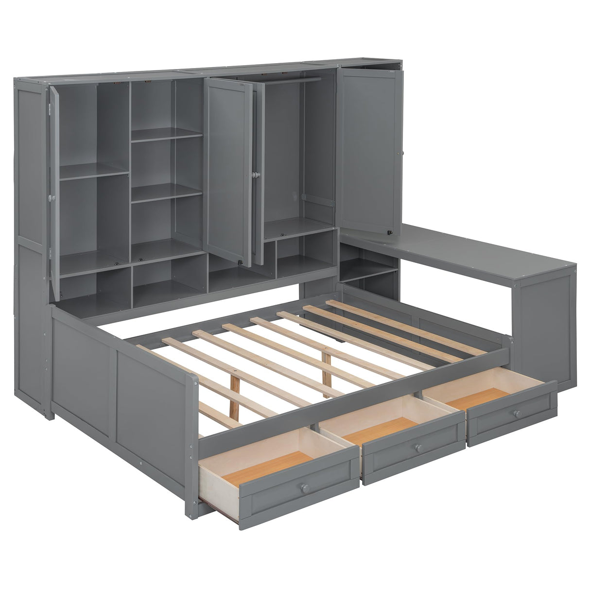 NCKMYB Queen Size Wall Murphy Bed with Desk & Storage, Space-Saving Fold-Down Bed with Shelves & Top Cabinet (Gray, Queen) NCKMYB