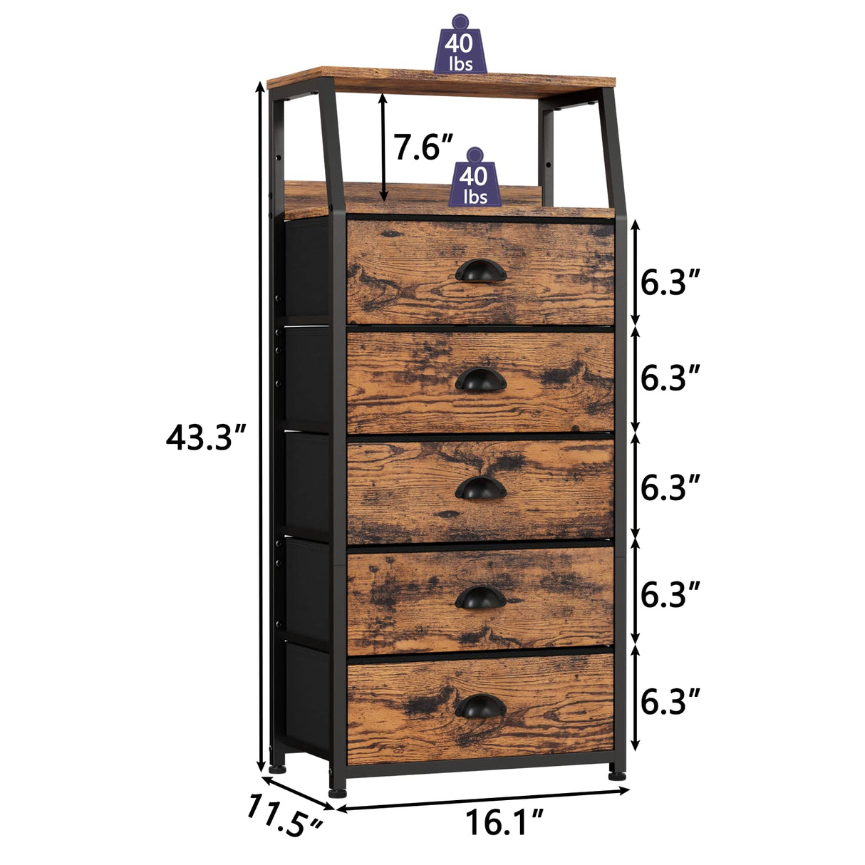 Furnulem Tall 5 Drawers Dresser, Vertical Storage Tower Fabric Dresser for Bedroom, Hallway, Entryway, Nursery, Closet Organizer, Nightstand Bedside Table Furniture, Sturdy Steel Frame, Wood Top Furnulem