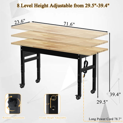 MISHAO 72" Adjustable Workbench on Wheels, Rubber Wood Heavy-Duty Workstation w/Power Outlet & Pegboard, 2000 LBS Load Capacity Hardwood Worktable for Garage, Workshop, Office, Home - WoodArtSupply