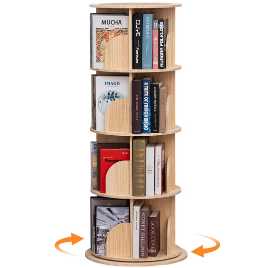 BUYWAY 360° Rotating Solid Wood Bookshelf Tower - Versatile 4-Tier Bookcase for Kids & Adults in Natural Finish - WoodArtSupply