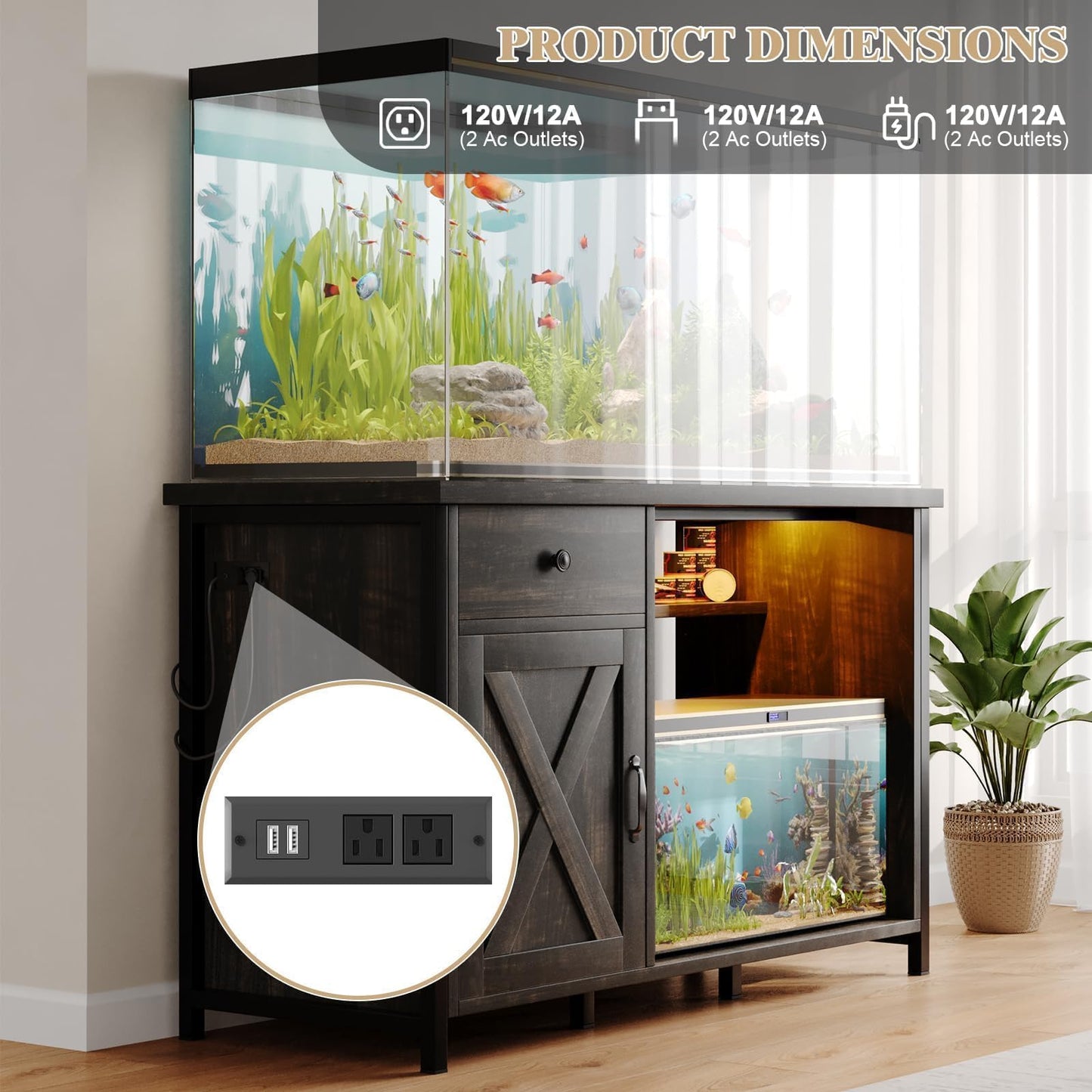 4ever2buy 55-75 Gallon Aquarium Stand with Power Outlets & LED Light, Metal Frame Fish Tank Stand with Drawer & Barn Door, Turtle Reptile Terrariums Stand with Fish Tank Accessories Storage, Dark Oak