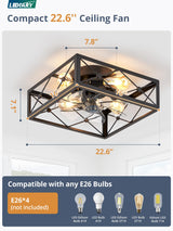 LEDIARY Caged Flush Mount Ceiling Fans with Lights and Remote, Black Square Low Profile Ceiling Fan, Small Farmhouse Bladeless Ceiling Fan for Bedroom, Kitchen, Indoor LEDIARY
