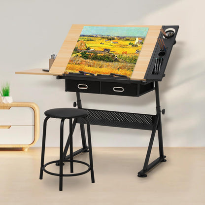 BRIGHTORIA Adjustable Drafting Table & Stool Set, Art Desk with Additional Slide-Out Table Design, Versatile Drawing Table with Storage, for Art, Drafting and Creative Tasks, Natural