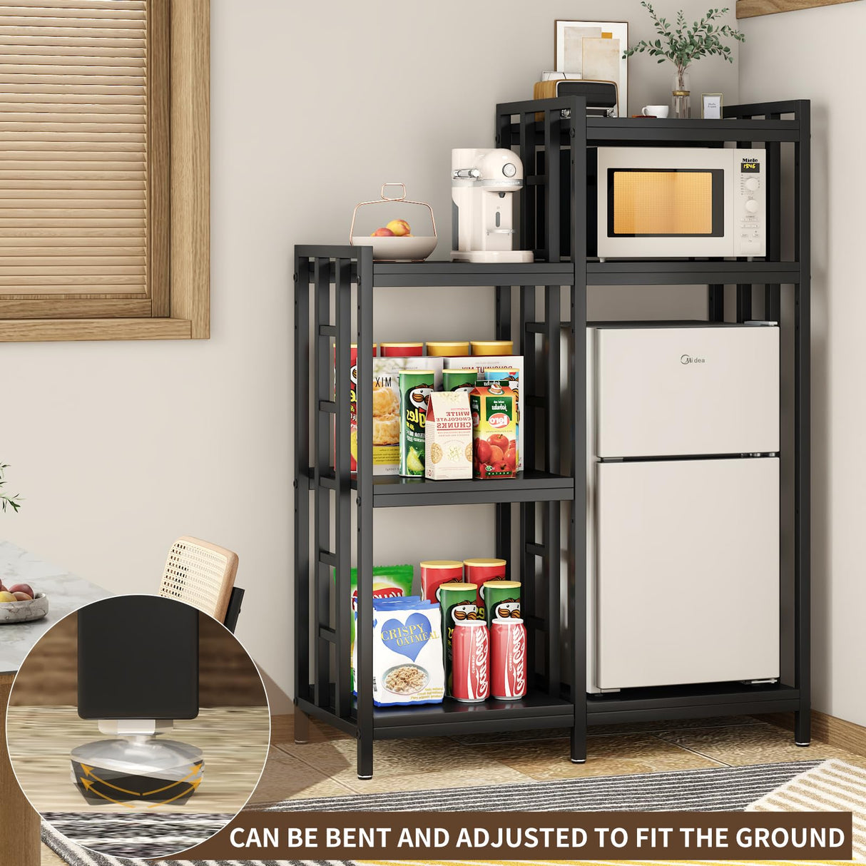 YCHF 6-Tier Kitchen Bakers Rack, Utility Storage Shelf, Mini Fridge & Microwave Oven Stand Table, Coffee Bar, Adjustable Kitchen Shelves Freestadning for Home Office (Black Wood Grain) YCHF