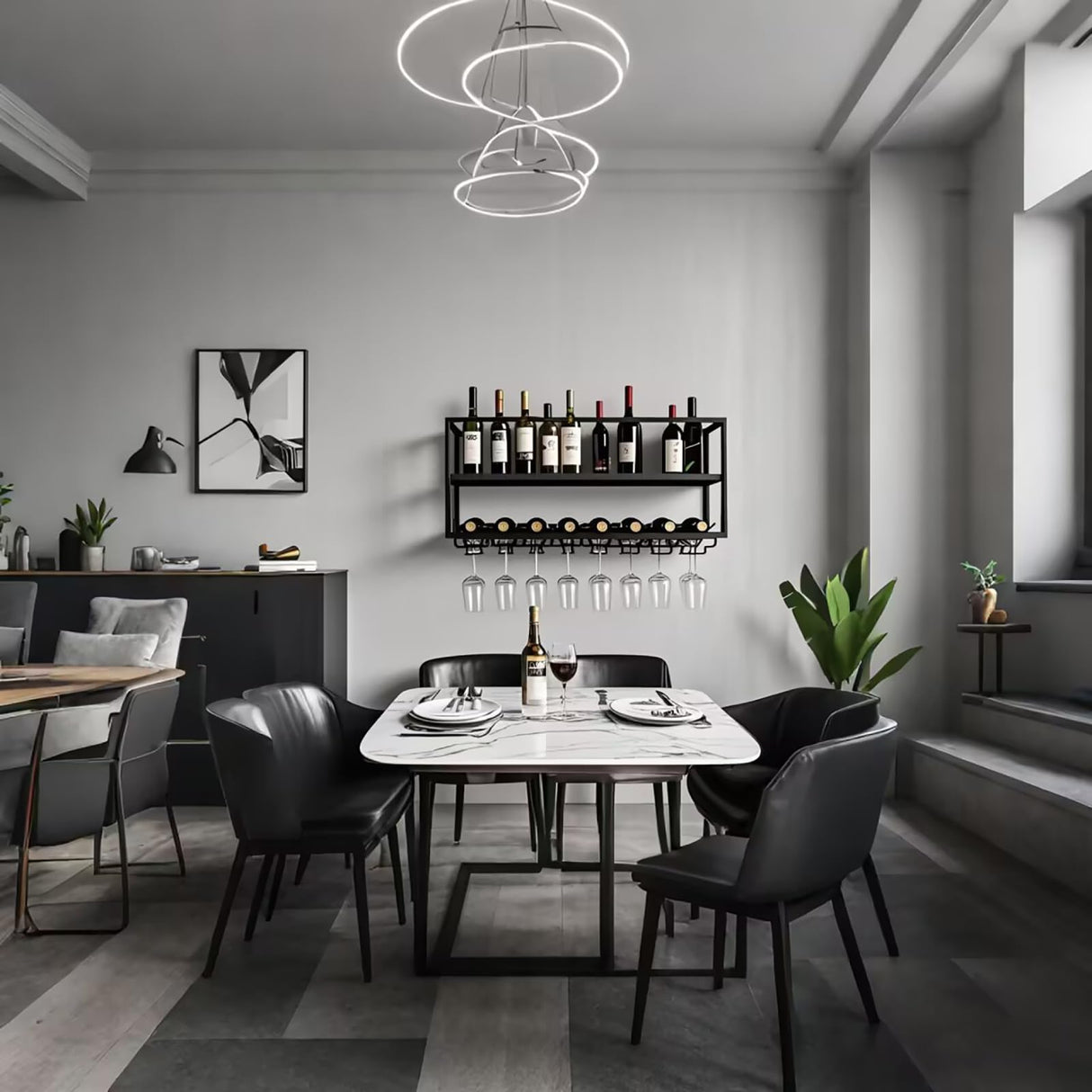 AKOGG Modern Wine Rack Wall Mounted with Glass Holder,Metal Liquor Shelf, Floating Bar Shelves,Liquor Bottle Display Shelf,Hanging Large Capacity Wine Storage Racks for Home Kitchen Dining Room AKOGG