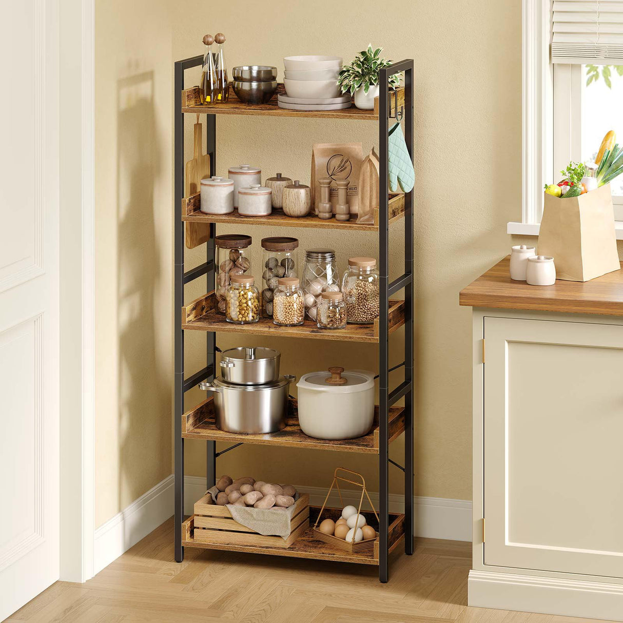 Rolanstar Bookshelf 5 Tier with 4 Hooks, Industrial Wood Bookcase, Vintage Storage Rack with Open Shelves, Rustic Standing Bookshelves Display Rack for Living Room, Bedroom, Rustic Brown Rolanstar