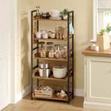 Rolanstar Bookshelf 5 Tier with 4 Hooks, Industrial Wood Bookcase, Vintage Storage Rack with Open Shelves, Rustic Standing Bookshelves Display Rack for Living Room, Bedroom, Rustic Brown Rolanstar
