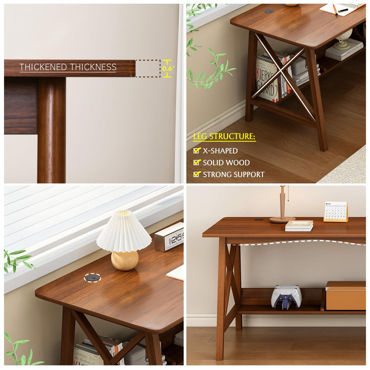 NELYE Oak Extra Long Minimalist Desk with Bookshelf - Solid Wood 2-Person Workstation for Home Office NELYE