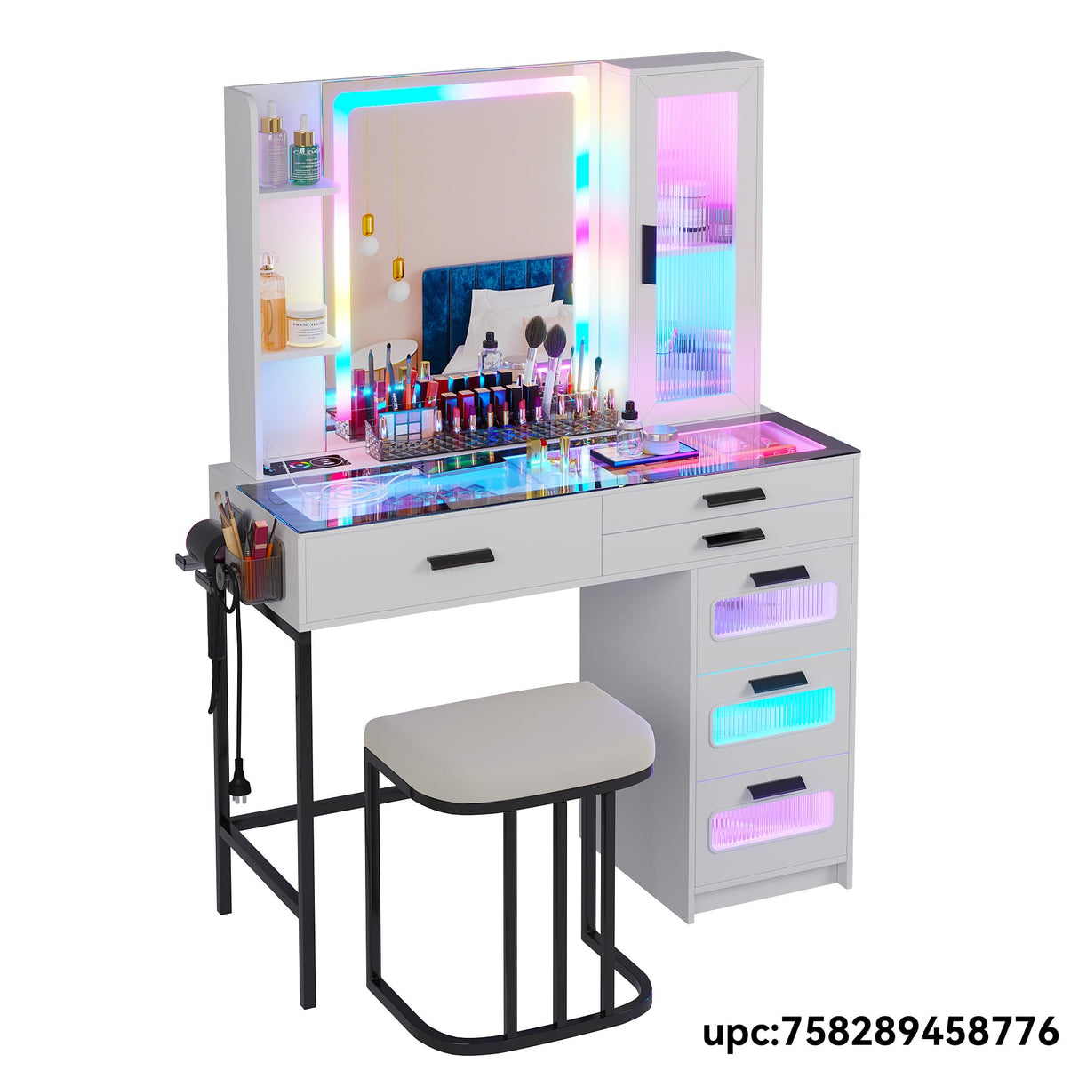 HENBC Vanity with Mirror and LED Lights, Glass Top Vanity Desk with Charging Station(Wireless+USB+Type-C), RGB Makeup Table Set with Stool/Makeup Organizer/6 Drawers (White) HNEBC