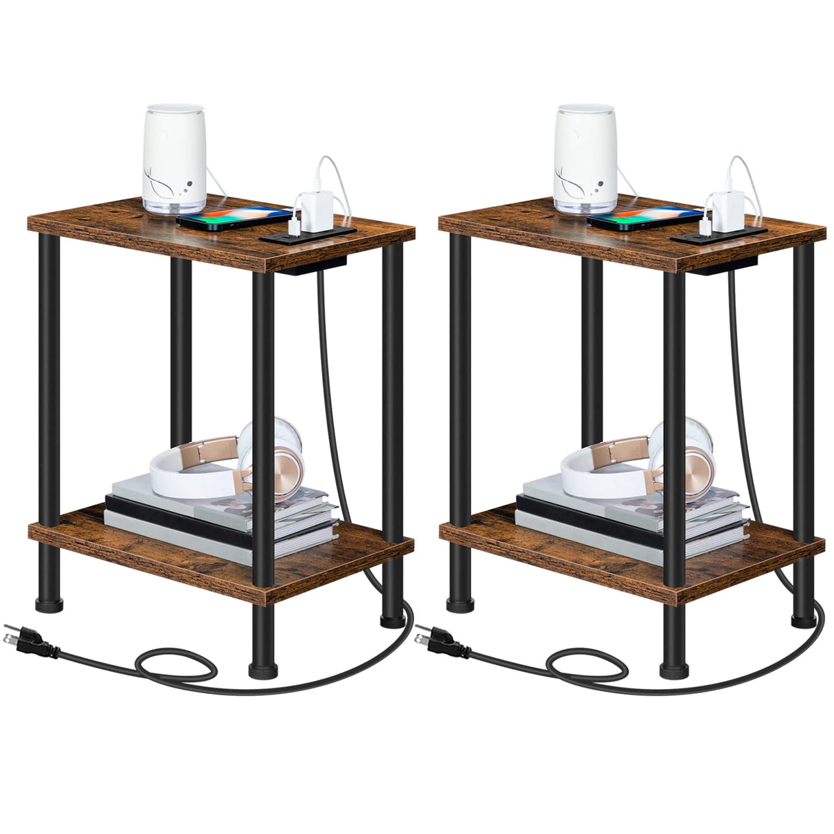 HOOBRO Side/End Table with Charging Station, Set of 2 with USB Ports and Outlets, Nightstand with 2-Layer Storage Shelves for Small Spaces, Living Room, Bedroom, Rustic Brown BF09UBZP201 HOOBRO