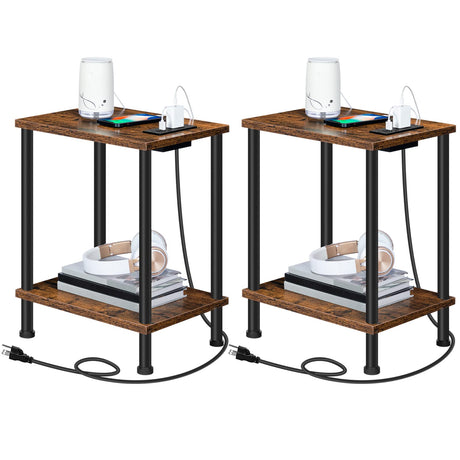 HOOBRO Side/End Table with Charging Station, Set of 2 with USB Ports and Outlets, Nightstand with 2-Layer Storage Shelves for Small Spaces, Living Room, Bedroom, Rustic Brown BF09UBZP201 HOOBRO