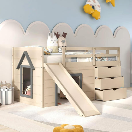 KOMFOTT Twin Low Loft Bed with 3 Storage Drawers & Underneath House, Wood Loft Bed with Slide, Ladder, Guardrails & Under-Bed Play Space, Kids Twin Loft Bed for Girls & Boys, No Box Spring Needed KOMFOTT