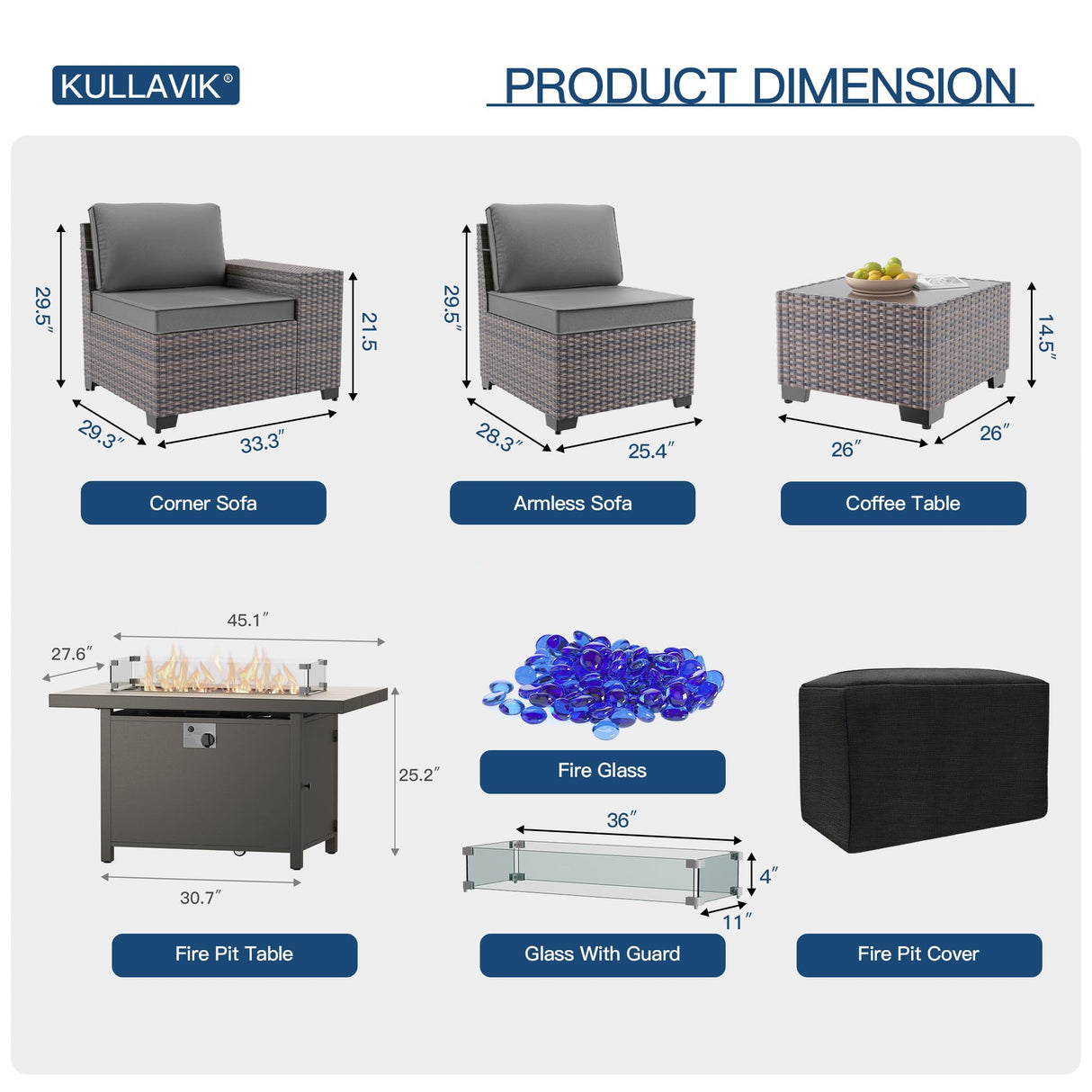 Kullavik 10 Pieces Outdoor Patio Furniture Set with 55000BTU Gas Propane Fire Pit Table,PE Wicker Rattan Sectional Sofa Patio Conversation Sets,Swivel Rocking Chairs Set,Grey Kullavik