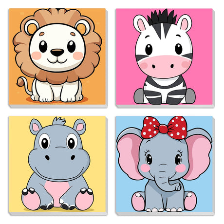 MXJSUA 4 Pack Lion Zebra Animals Paint by Numbers Kit with Framed Canvas for Kids, Hippo Elephant by Number Painting Kits for Ages 6-12 Kids, Acrylic Oil Paint by Number Kits for Beginners 8x8 Inch MXJSUA