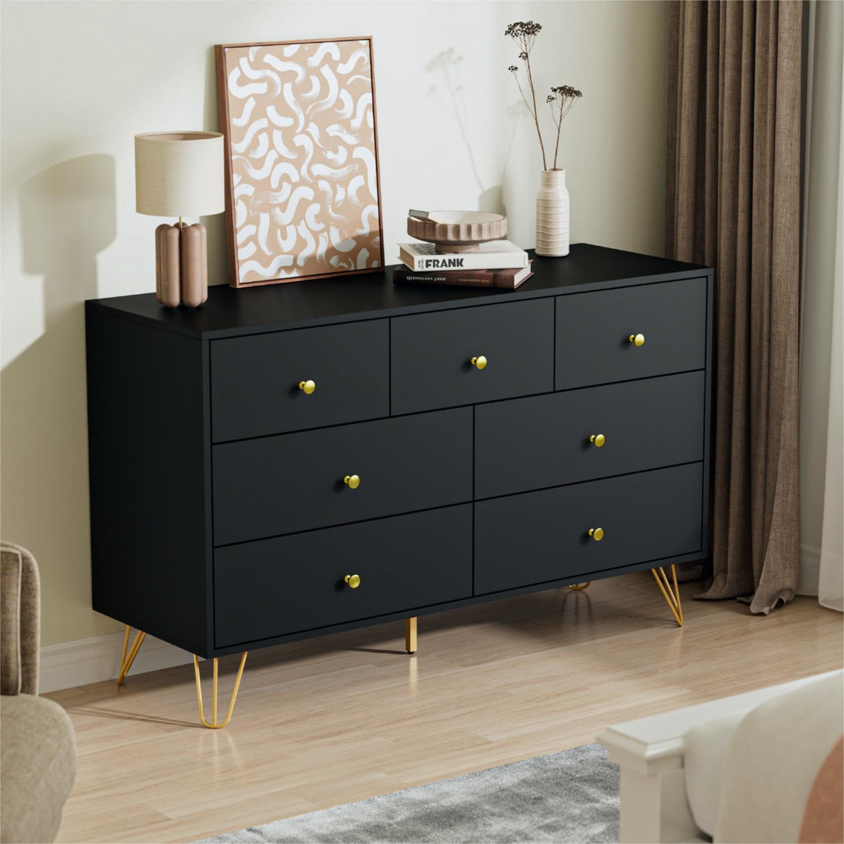 Tradare 7 Drawer Dresser and Nightstand Set of 2, Modern Black and Gold Dresser Set with Golden Handles, 2-Drawer Nightstand & 7-Drawer Chest of Drawers Tradare