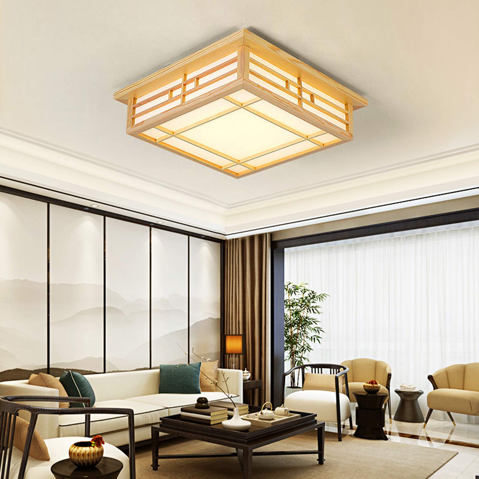 Japanese Style Square Wood Ceiling Light Fixture with LED Lamps, 110V Remote Control Dimmer Light Perfect for Bedroom, Living Room, Dining Room, and Kitchen (35x35cm) - WoodArtSupply