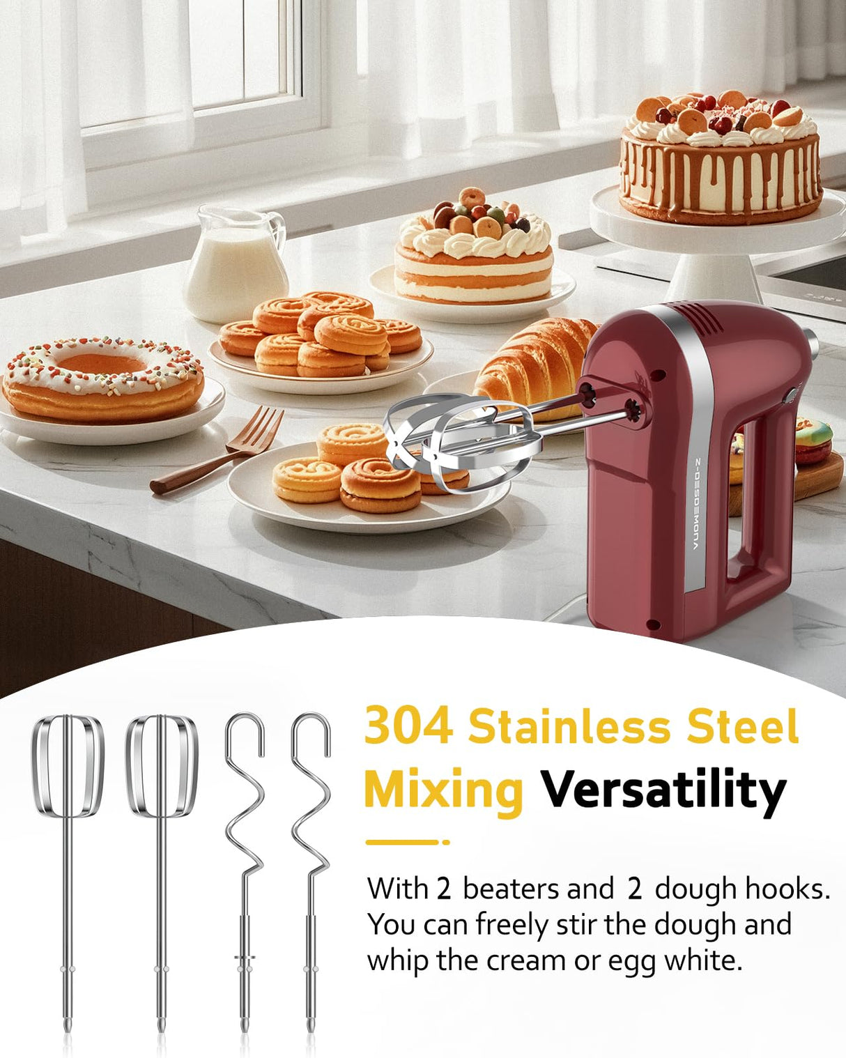 Z-DESDEMONA Electric Hand Mixer, Powerful 300W Hand Mixer Electric Handheld with 304 Beaters, Dough Hook, Hand Held Mixer with Turbo for Baking Cakes, Eggs, Cream Food(Red) Z-DESDEMONA